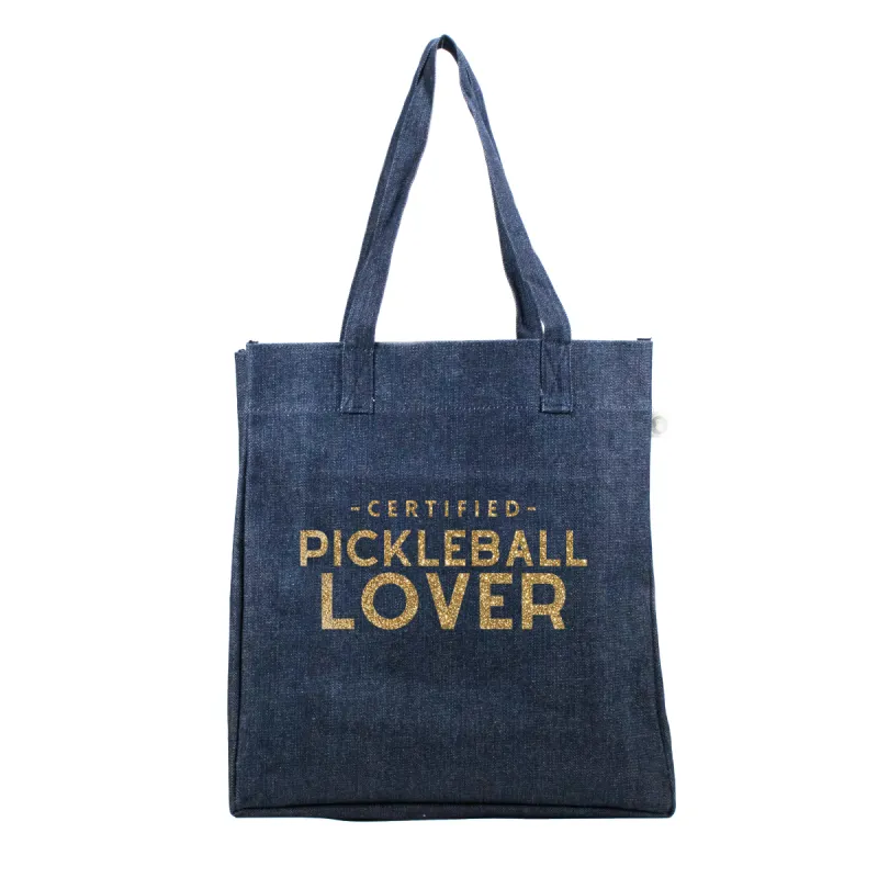 Denim Upright Bag with Gold Glitter Certified Pickleball Lover sold by Quilted Koala
