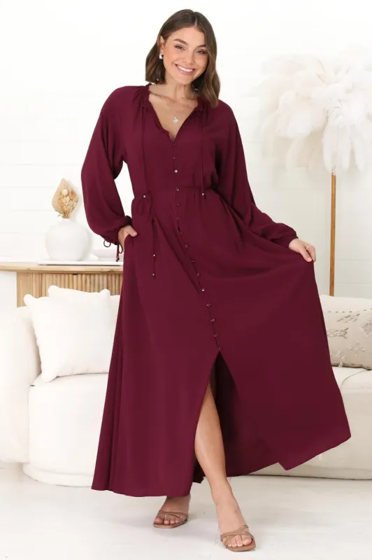 Amelie Maxi Dress - Frill Collar Button Through Dress with Waist Tie in Wine sold by Salty Crush
