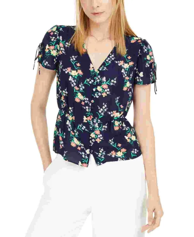 Maison Jules Women's Tie Floral Short Sleeve V Neck Button Up Top Blue Size X-Small sold by Ruumur