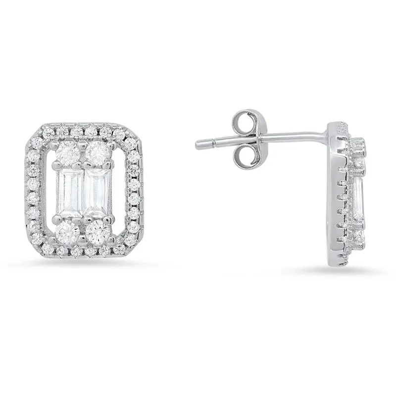 Sterling Silver Baguette-cut CZ Stud Earrings sold by Ruumur