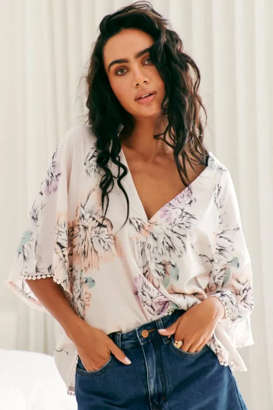 Gabriella Top - Mandarin Collar Deep V Neck Crochet Trim Top in Blooming Bouquet Print sold by Salty Crush