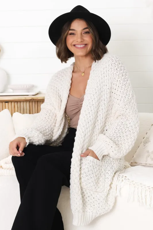 Ricki Cardigan - Open Front Chunky Knit Cardigan in Cream sold by Salty Crush