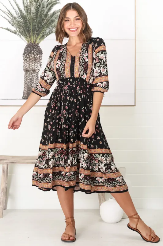 Eve Midi Dress - V Neck Tiered Dress with Option Waist Tie in Eternity Print sold by Salty Crush