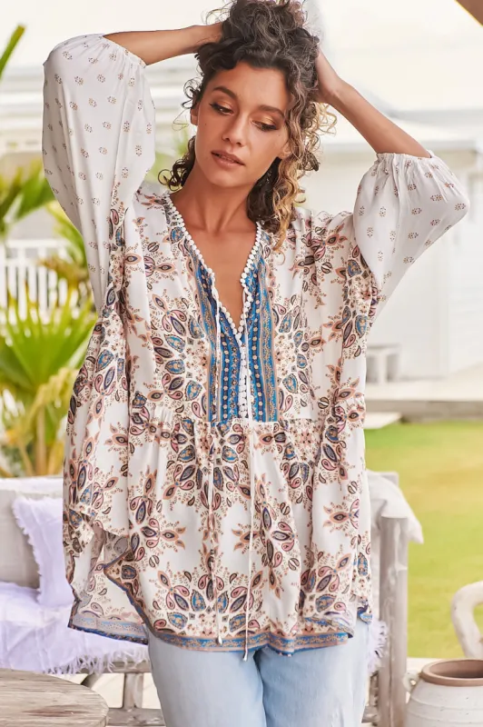 Chloe Top - Very Oversized Crochet Trim Neckline Smock Top in Gemstone Print sold by Salty Crush