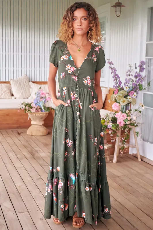 JAASE - Carmen Maxi Dress: Butterfly Cap Sleeve Button Down A Line Dress with Lace Trim in Birds Paradise Print sold by Salty Crush