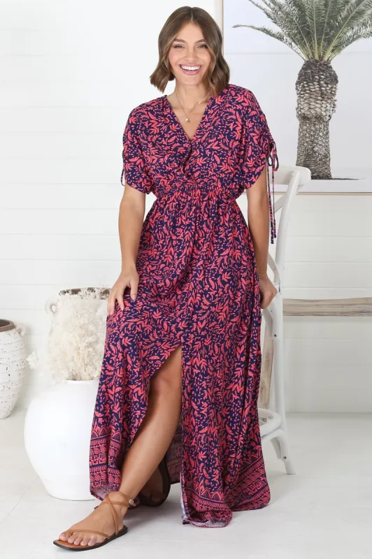 Lanta Maxi Dress - Cross Over Bodice Batwing Sleeves with Tie Detail Dress in Graphic Floral Print sold by Salty Crush