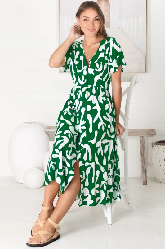 Anais Midi Dress - Cap Flutter Sleeve Button Down A Line Dress in Jaxie Print Green sold by Salty Crush