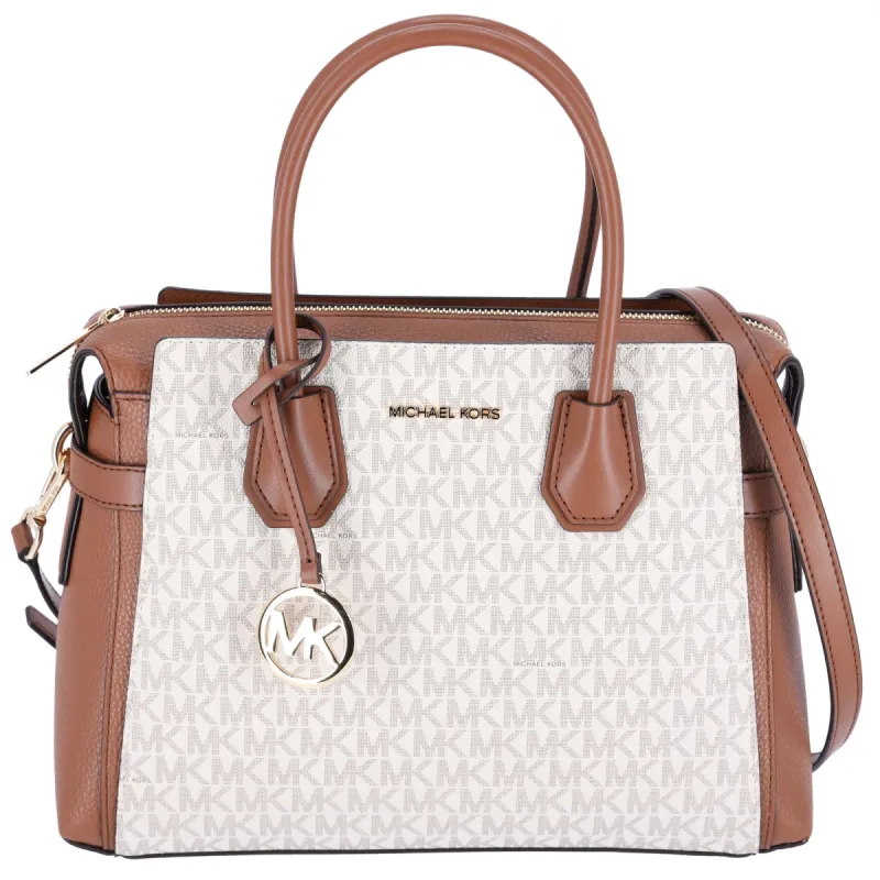 Michael Kors Mercer Medium Belted Satchel Crossbody Vanilla MK Signature sold by Gaby's Bags