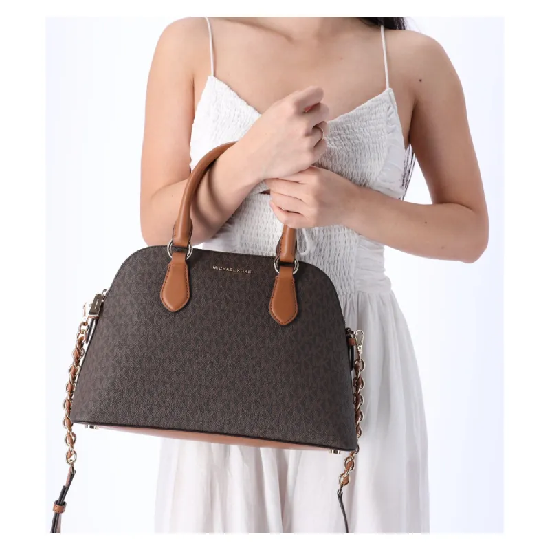 Michael Kors Veronica Medium Logo Dome Satchel Brown MK Signature Logo Acorn sold by Gaby's Bags