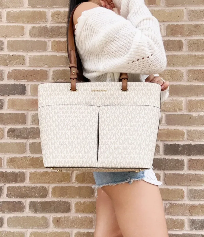 Michael Kors Bedford Medium Pocket Shoulder Tote Vanilla MK Signature Acorn sold by Gaby's Bags