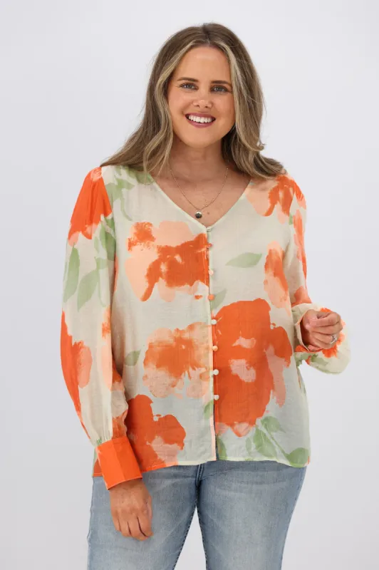 Fria Ava Cloud Print Blouson Sleeve Blouse Tangerine sold by Shine On