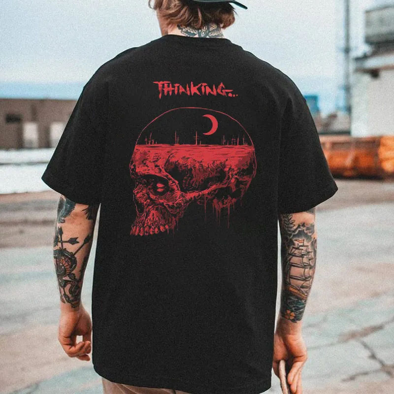 Thinking Skull Graphic Print Casual Loose Men's T-Shirt sold by Shopnova