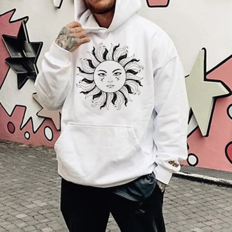 Sun Graphic Print Men's White Oversize Hoodie 320g sold by Shopnova