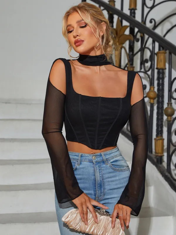 Boning Bell Sleeve Cut Out Mesh Corset Top sold by Parthea Fashion