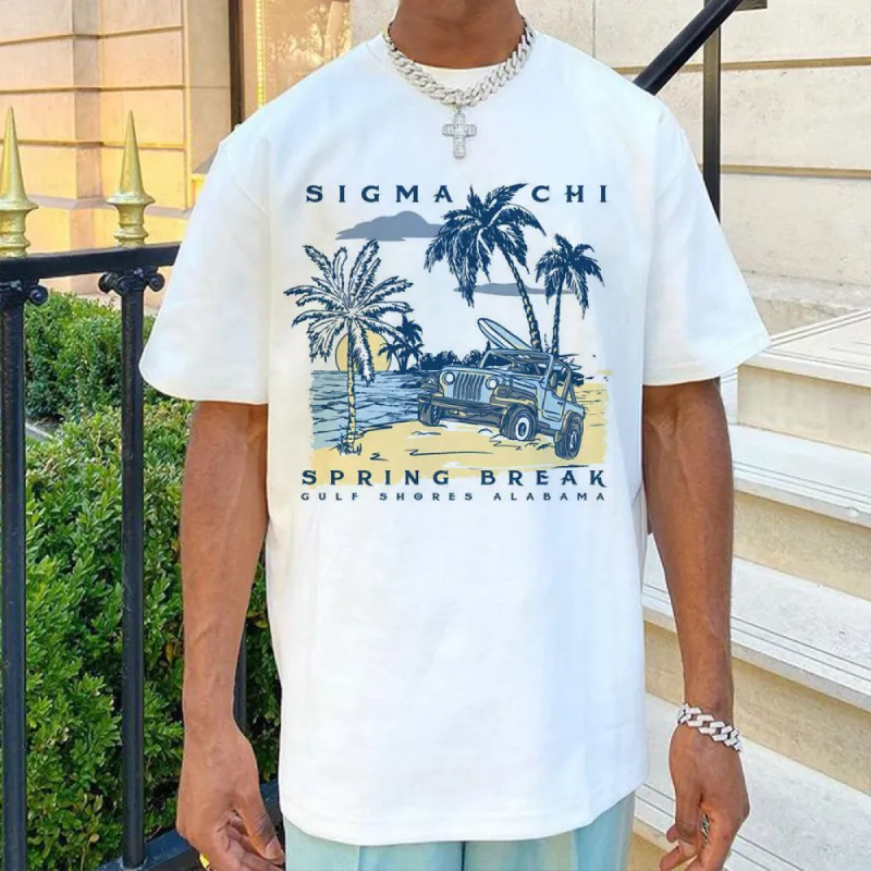 Beach Vacation Graphic Print Loose Casual Crewneck Men's T-Shirt sold by Shopnova