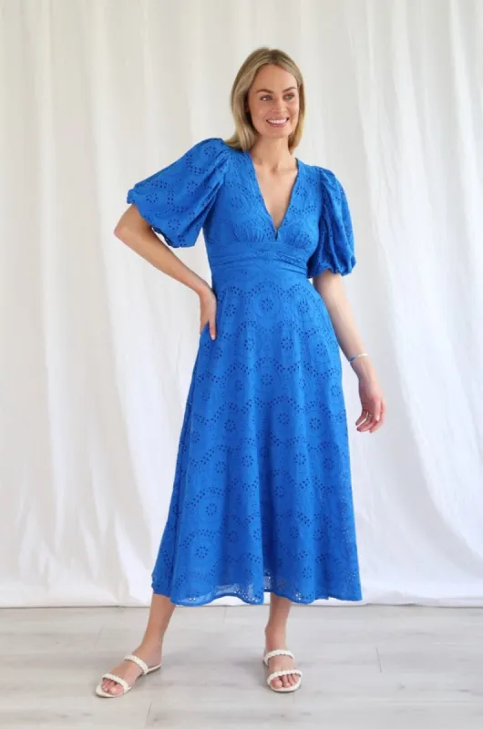 Salty Bright Lana Broderie Midi Dress Blue sold by Shine On