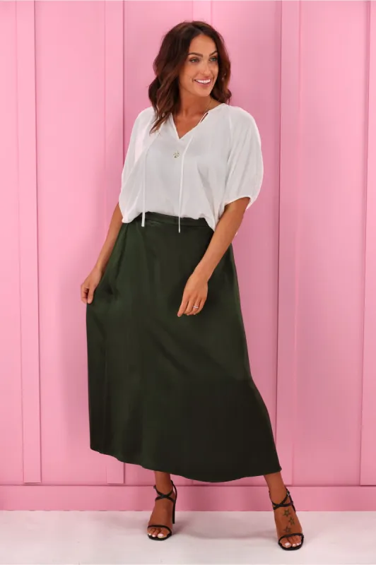 Jane James Angelica Sateen Skirt Olive sold by Shine On