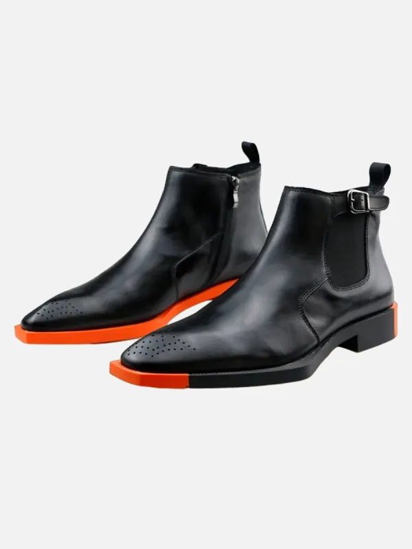 Shaped Square Toe Cowhide Elastic Chelsea Boots sold by Thesupermade