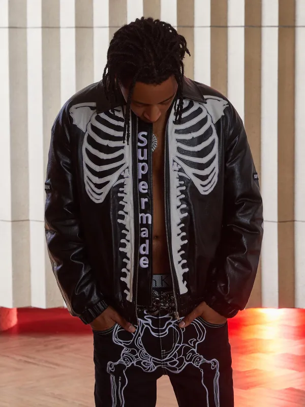 ジャケット・アウター [archive] Full-zip embroidery patch Boa Thesupermade Hip Hop Bones Embroidered Leather Jacket - 1833