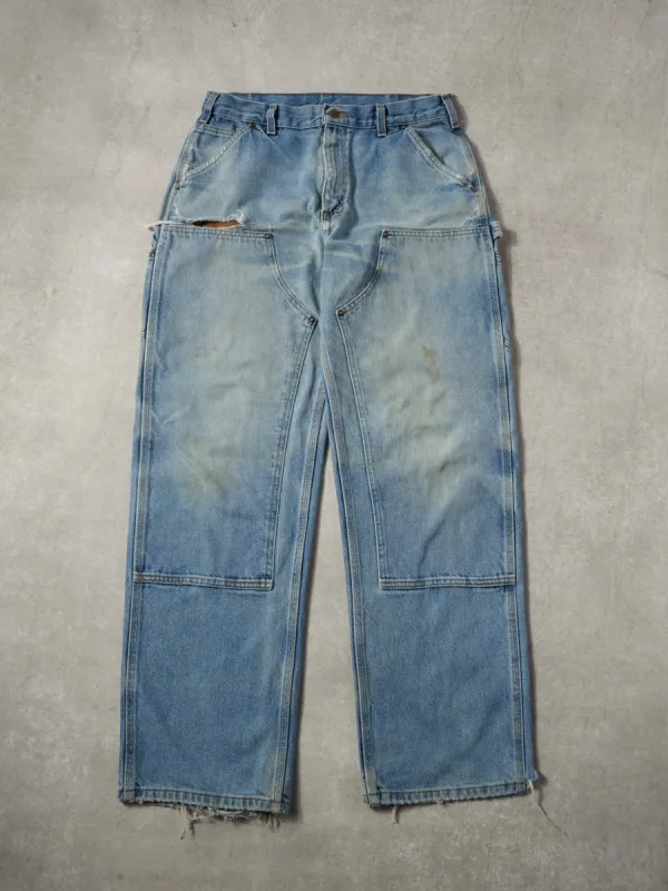 Vintage 90s Rare Light Washed Blue Carhartt Denim Double