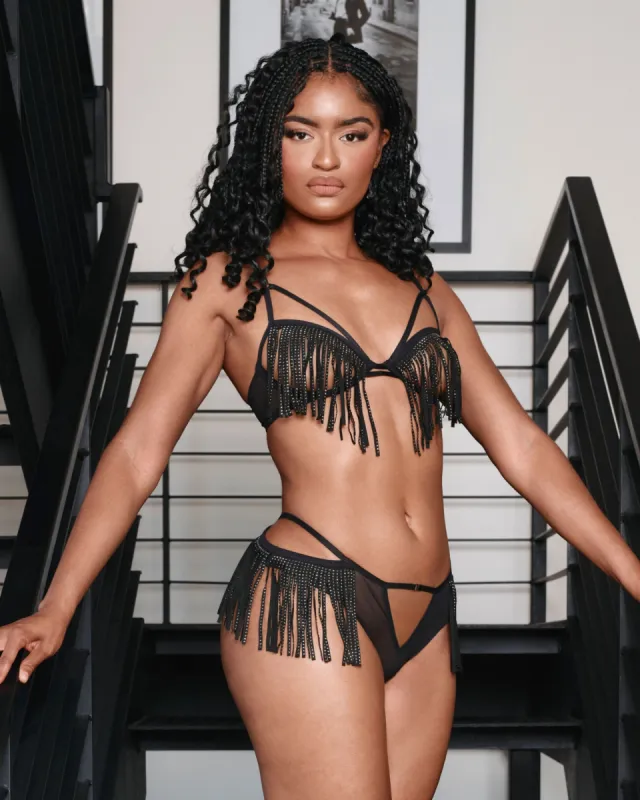 Open Cup Rhinestone Fringe Bra & Panty Set Black sold by Love Vera