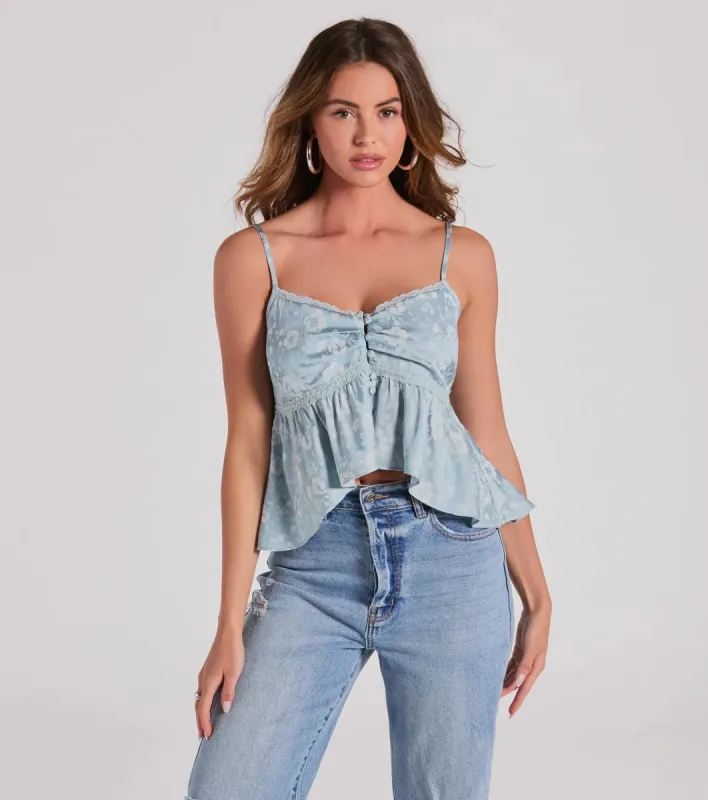 Charming And Sweet Button Down Floral Satin Crop Top sold by Windsor