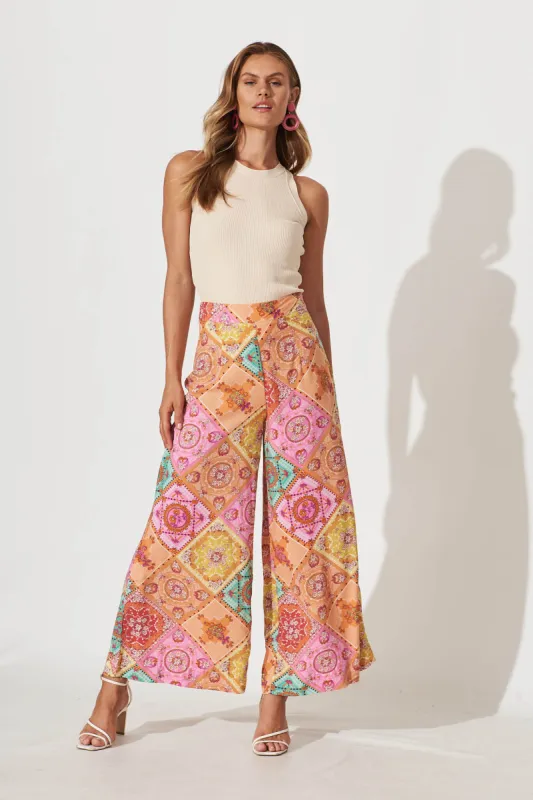 Mahalo Wide Leg Pant In Orange Multi Patchwork Print sold by St Frock