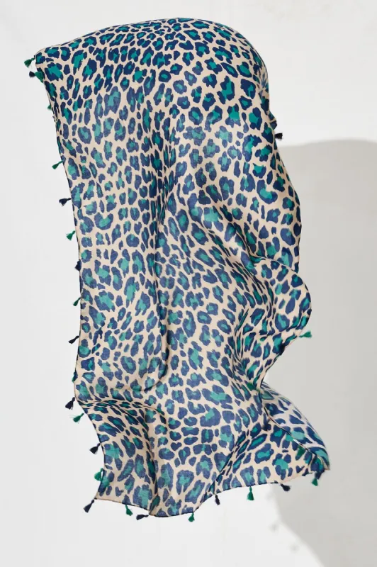 Wild Side Scarf In Beige With Green And Blue Leopard Print sold by St Frock