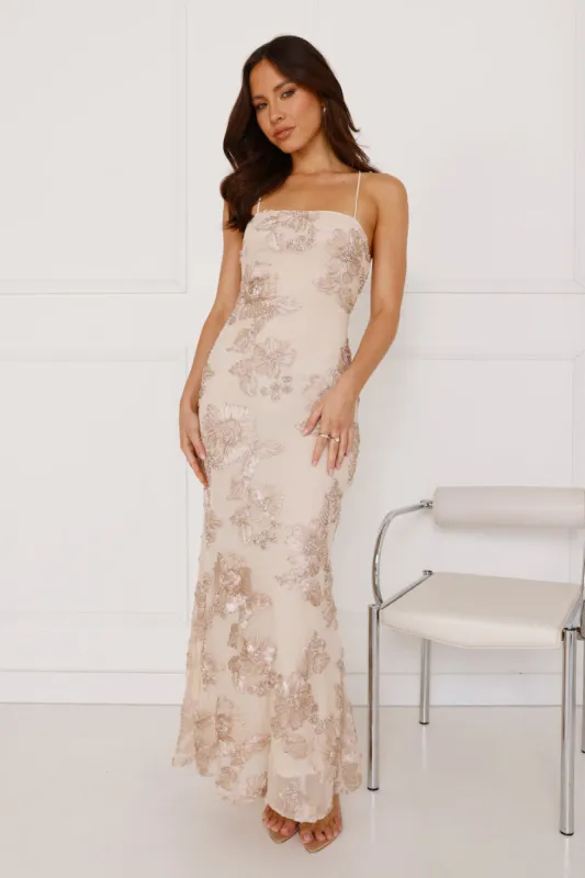 Glimmers Of Gold Mesh Maxi Dress Beige sold by Hello Molly