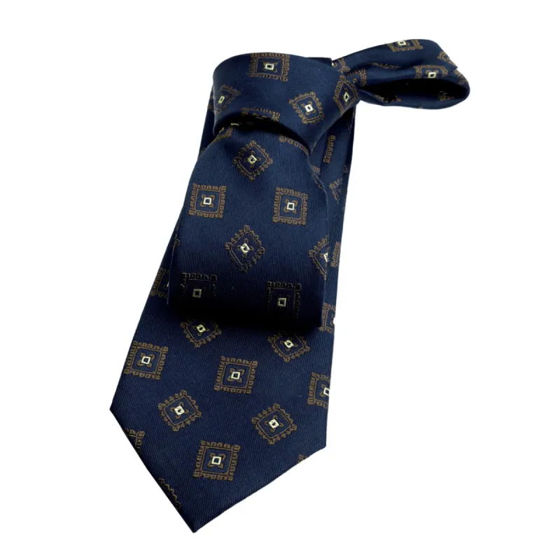 Andover Foulard Silk Tie, Navy / Bronze / Silver sold by The Dark Knot Limited