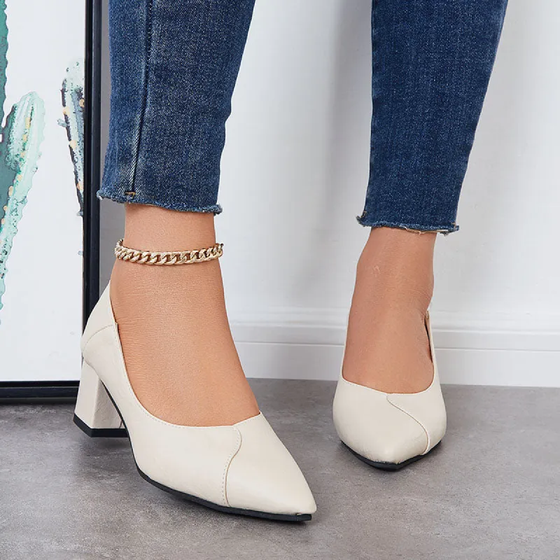 Comfy Pointed Toe Block Low Heel Pumps Solid Color Dress Shoes sold by Tinstree