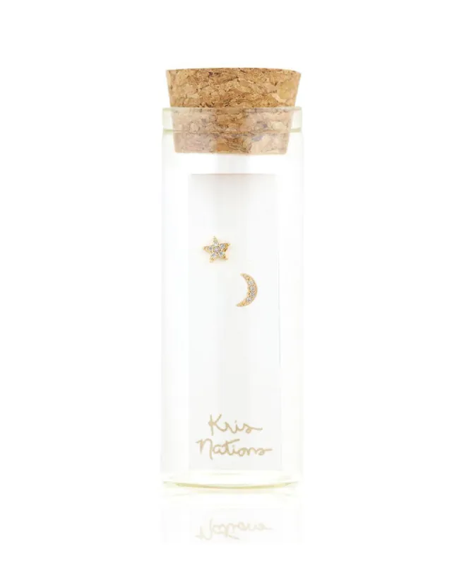 Kris Nations Star Moon Pave Stud Earrings in Gold sold by Marine Layer