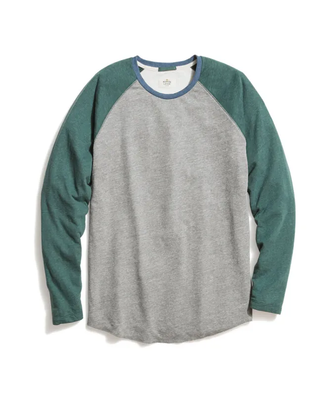 Double Knit Baseball Raglan in Heather Grey/Green Gables sold by Marine Layer