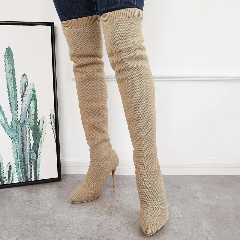 Thigh High Stiletto Heel Stretchy Knit Boots Pull on Over The Knee Boots sold by Tinstree