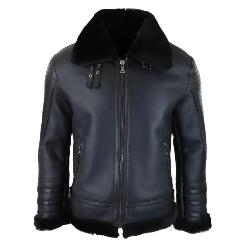 Mens Black Real Sheepskin Flying Jacket Zipped WW2 Pilot Black Winter Warm Coat sold by Tru Clothing