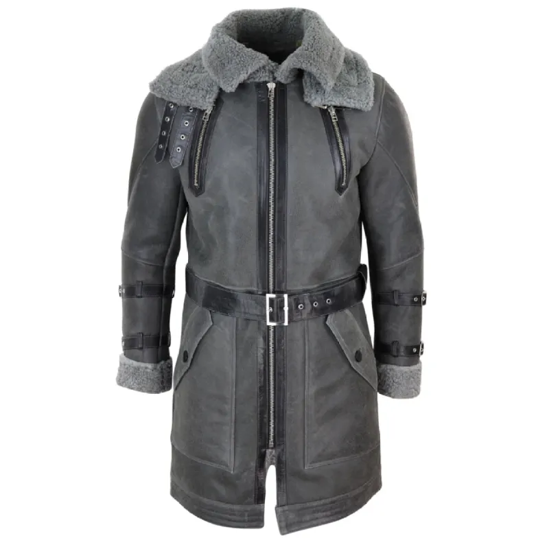 Men's 3/4 Shearling Sheepskin Jacket Grey Long Belt Flying Cockpit sold by Tru Clothing