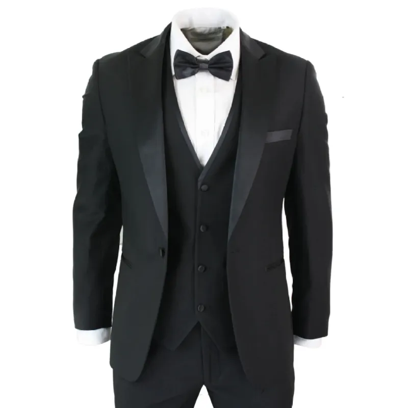 Regent - Men's 3 Piece Black Classic Satin Tuxedo Wedding Suit sold by Tru Clothing