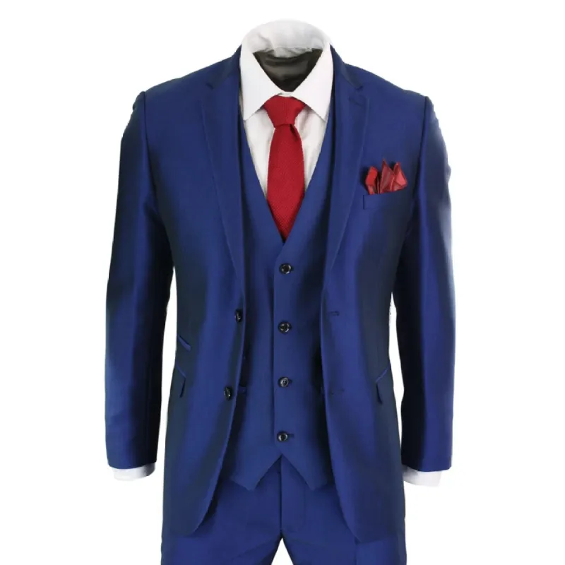 Kingsley - Men's Boys 3 Piece Shiny Blue Wedding Prom Party Suit sold by Tru Clothing