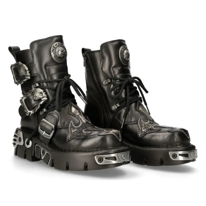 New Rock Mens 407-S1 Silver Cross Black Reactor Sole Leather Ankle Boots Gothic sold by Tru Clothing