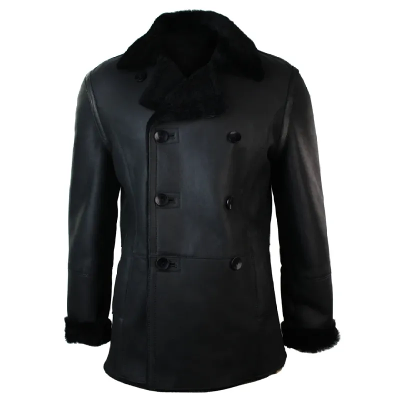 Men's Shearling German Navy Sheepskin Double Breasted Jacket Black Fitted sold by Tru Clothing