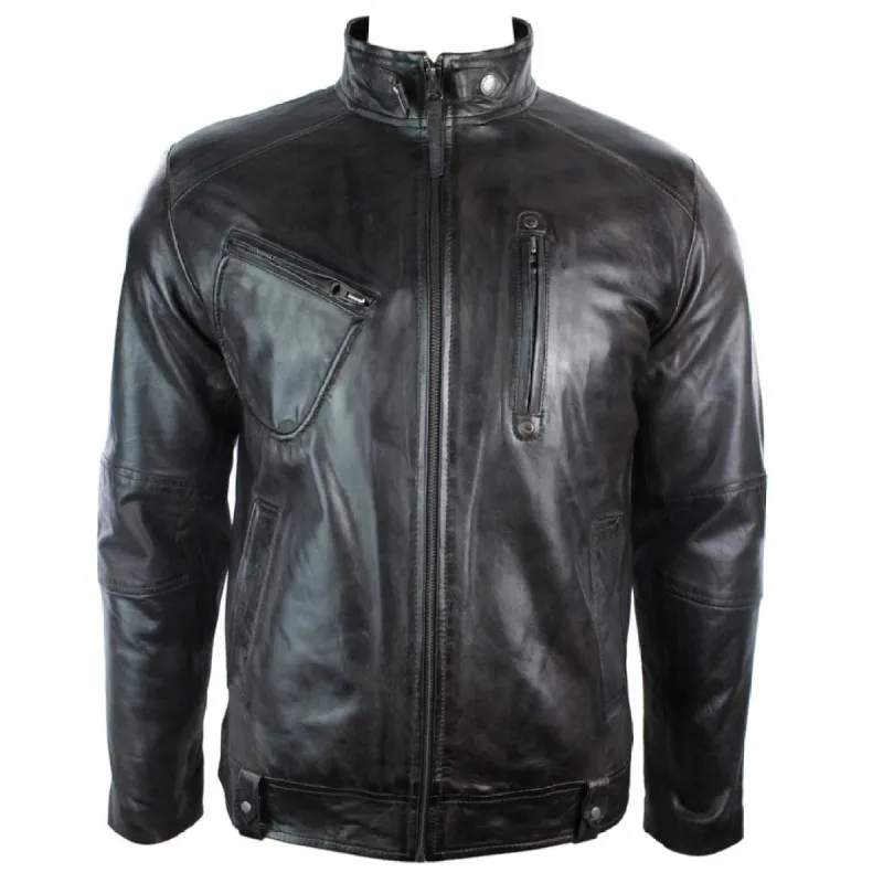 Men's Leather Biker Jacket Vintage Dark Brown Zipped Funky Retro Casual sold by Tru Clothing