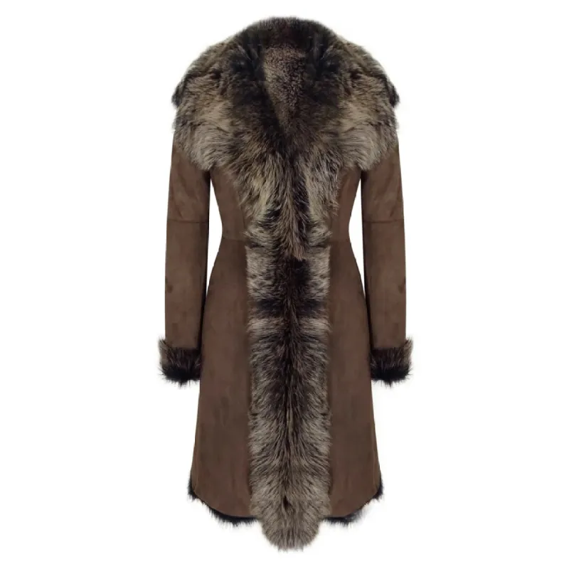 Women's Gold Brown 3/4 Length Warm Luxury Toscana Sheepskin Coat sold by Tru Clothing