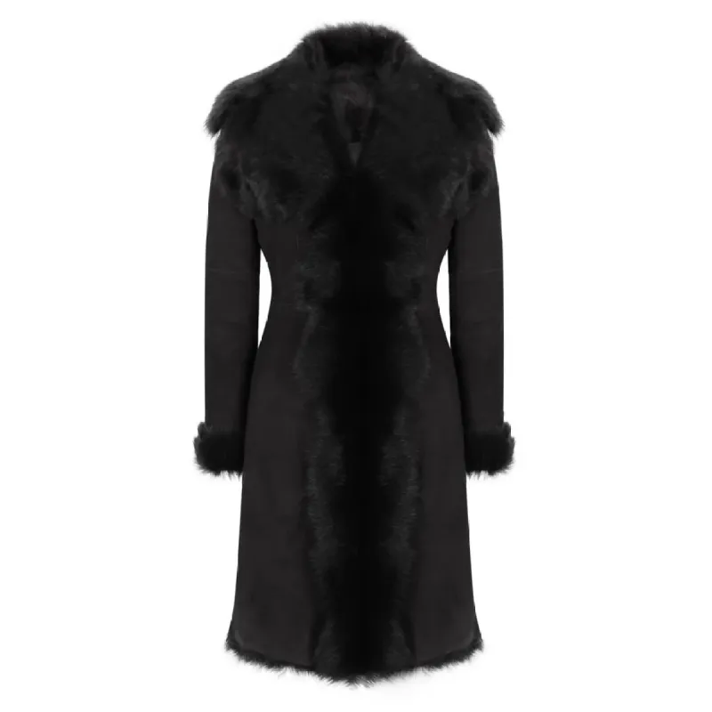 Black Luxury 3/4 Length Women's Suede Toscana Sheepskin Coat sold by Tru Clothing