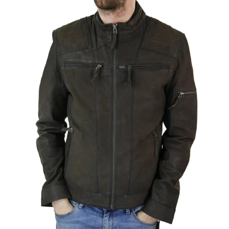 Men's Biker Motorcycle Distressed Brown Zip Short Leather Jacket Suede sold by Tru Clothing
