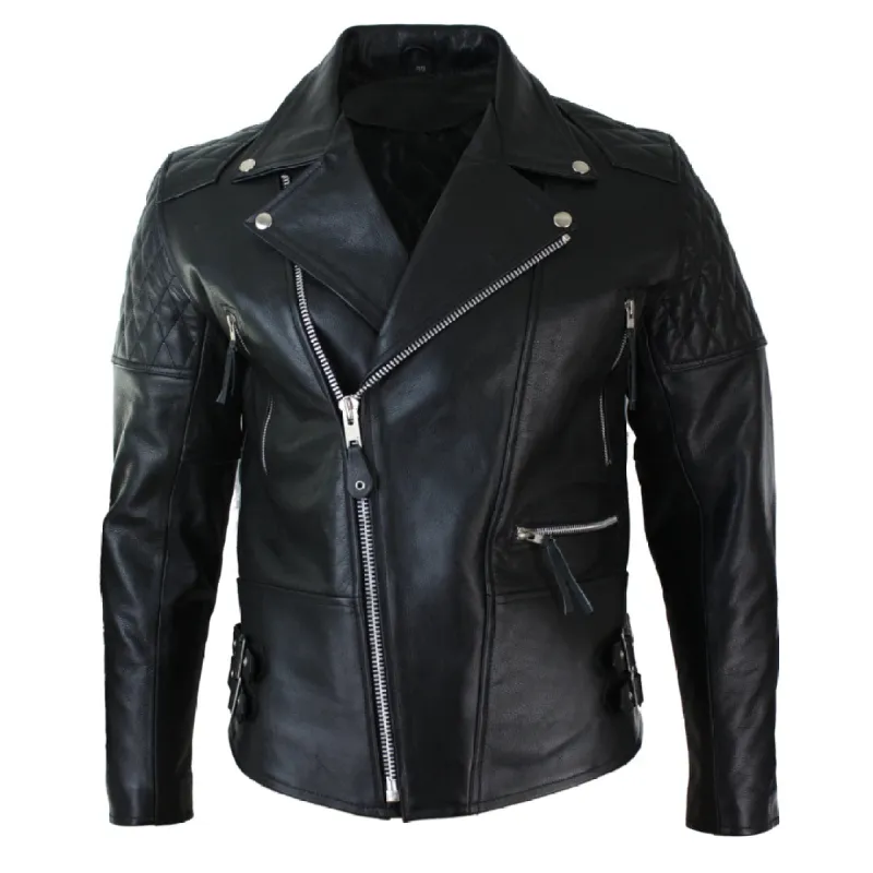 Men's Cross Zip Cow Hide Padded Biker Jacket White Black Brando sold by Tru Clothing
