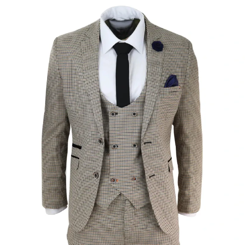 Elwood - Men's Beige Navy Check Suit Classic Prince Of Wales Wedding sold by Tru Clothing