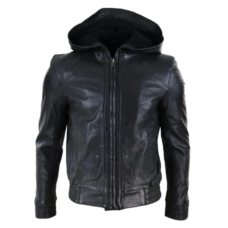 Men's Leather Zip Bomber Jacket Hooded sold by Tru Clothing