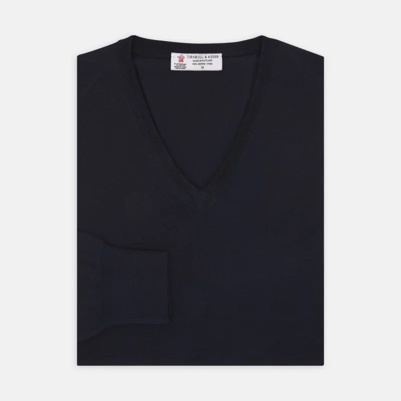 Indigo V-Neck Merino Wool Jumper sold by Turnbull & Asser