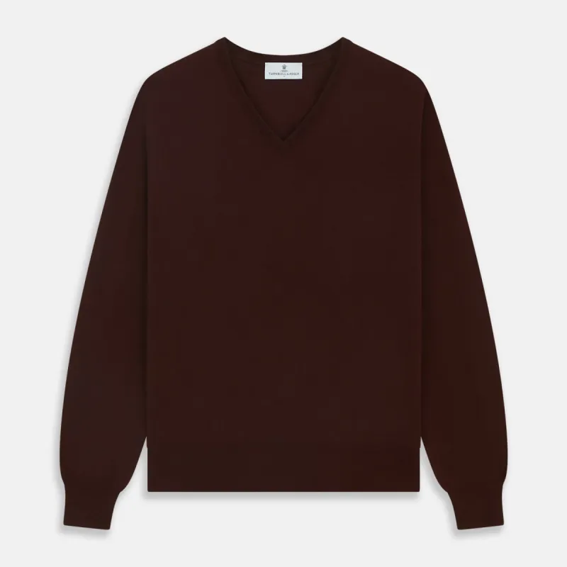 Wine V-Neck Merino Wool Jumper sold by Turnbull & Asser