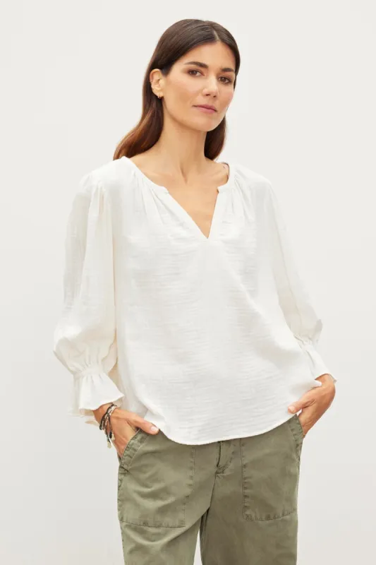 MILLY COTTON GAUZE PEASANT TOP IN COCONUT sold by Velvet Tees